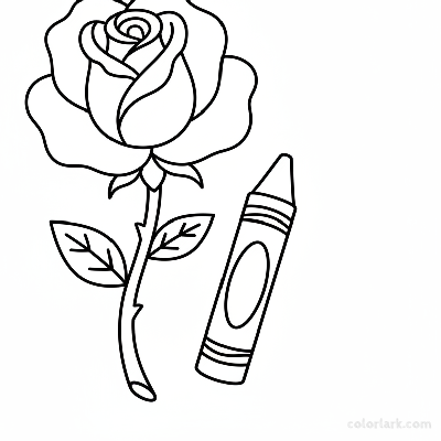 Simple rose and crayon outline coloring page for young artists, black and white line art, easy flower and art supply.