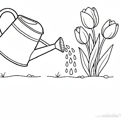 Line art illustration of a watering can showering a cluster of fresh tulips