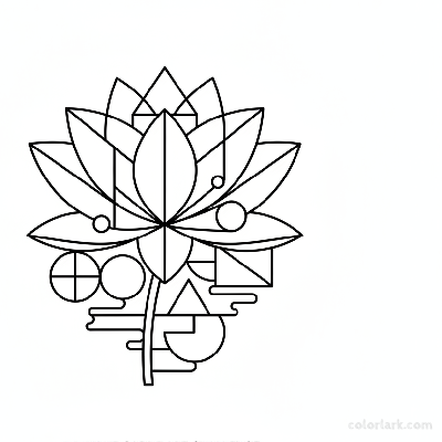 Black and white line art of a lotus flower in a Cubist-inspired, fragmented style.