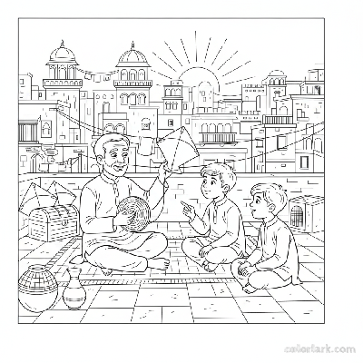 Line art of Indian boys learning kite flying traditions from an elder on an Indian city rooftop, for coloring.