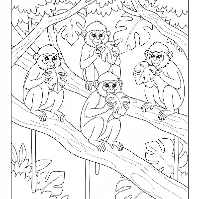 Black and white line art of Indian Langur monkeys eating leaves on tall trees