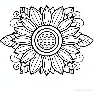 Black and white Art Deco style geometric sunflower design with bold lines