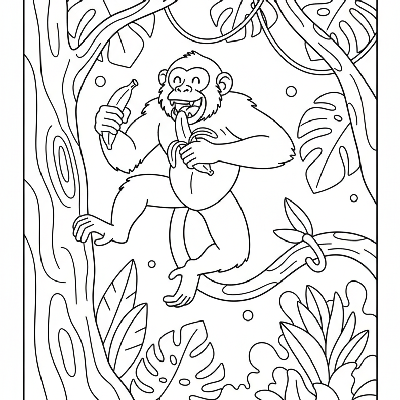 Black and white line art of a happy Howler monkey jumping between tree trunks, eating a banana.
