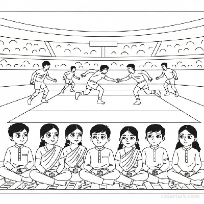 Line art of Indian children sitting cross-legged and intently watching Kabaddi National Games.