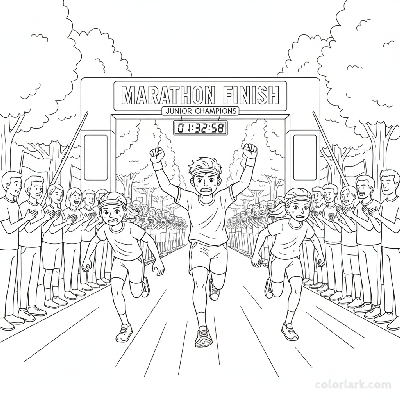 Line art of kids sprinting in a marathon's final stretch to a finish line with an appreciative crowd