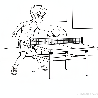 Line art of a focused child practicing a backhand slice in table tennis.