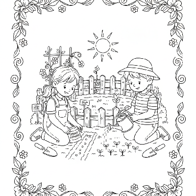 Black and white line art of two children planting seeds in a garden for spring, with gardening tools.