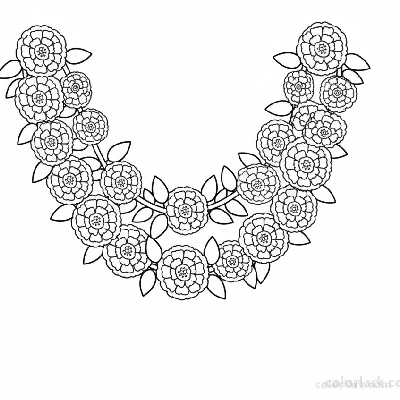 Black and white line art of a simple marigold garland with distinct flowers and leaves for coloring.