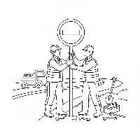 Black and white line art of two road workers installing an Indian no entry sign on a newly paved street.