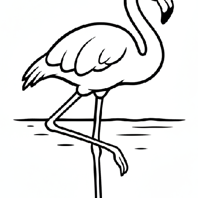 Black and white line art of a tropical flamingo standing on one leg, simplified for easy coloring, suitable for India theme.