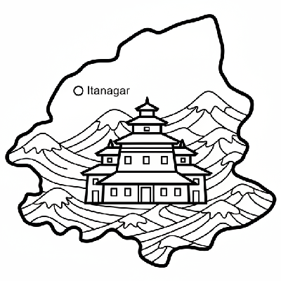 Line art coloring map of Arunachal Pradesh state, featuring Tawang Monastery and its capital Itanagar.