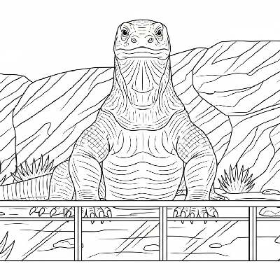 Black and white outline of a powerful Komodo dragon standing still in a rocky, arid zoo reptile exhibit.