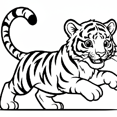 Black and white line art of a mischievous tiger cub in a playful pouncing pose, easy for kids to color.