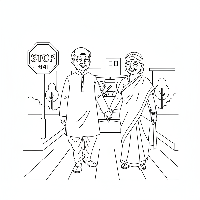 Black and white line art of an elderly Indian couple crossing a street near an Indian stop sign.