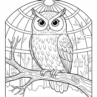 Black and white outline of a patient owl with large eyes perched calmly on a sturdy branch inside a zoo aviary.