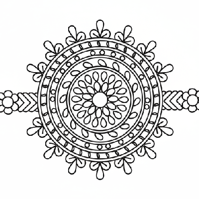 Black and white line art of a traditional Marwari style Rakhi with mirror work outlines and geometric embroidery patterns.