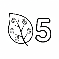 Black and white line art coloring page of five ladybugs on a leaf, with the number 5.