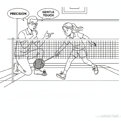 Line art of a girl's focused approach to a badminton forehand drop shot lesson, with her coach.