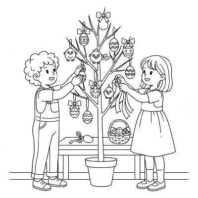 Black and white line art of two children carefully decorating a small 'Easter tree' with eggs and ribbons.