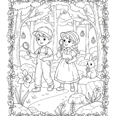 Black and white line art of two children on an Easter-themed nature walk, observing flowers and a small animal.