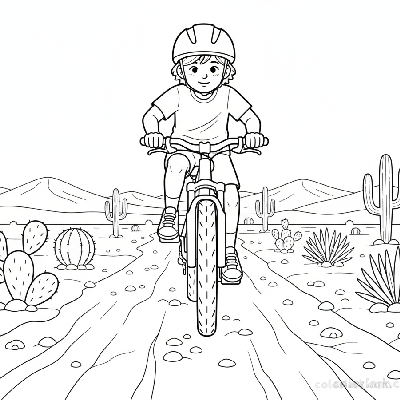Black and white line art coloring page of a child with a helmet, riding a bicycle on a dusty desert trail.