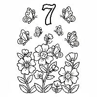 Black and white line art coloring page showing seven butterflies in a garden with the number 7.