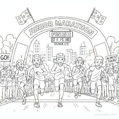 Line art of junior marathon runners sprinting to an archway finish line with a large cheering crowd