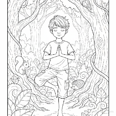 Line art of a young boy in tree pose yoga in a secret garden with hidden creatures