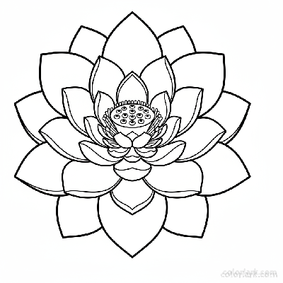 Black and white outline of a majestic white lotus bloom in full splendor.
