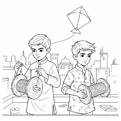 Line art of young Indian boys with their kite manjha (string spools) on an Indian city rooftop, for coloring.