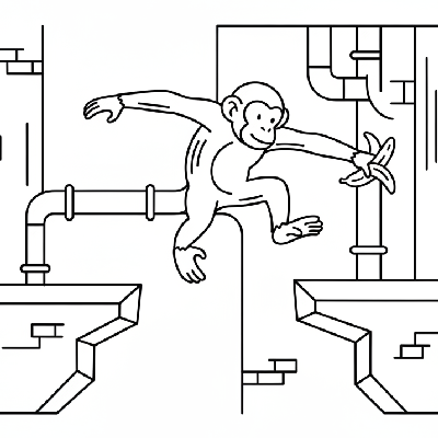 Line art of a monkey executing an agile parkour-style leap between concrete ledges, holding a banana.