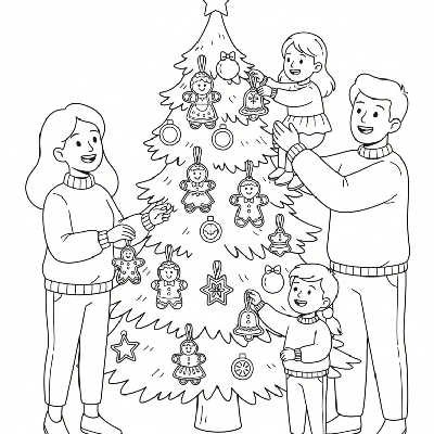 Line art of a family decorating a Christmas tree with whimsical gingerbread family ornaments.