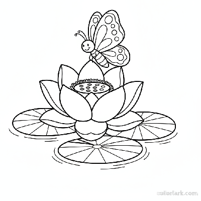 Black and white line art for kids, showing a butterfly landing on a blooming lotus flower.