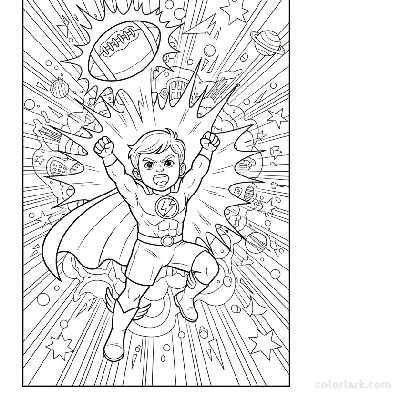 Line art of a child kicking a football with epic power.