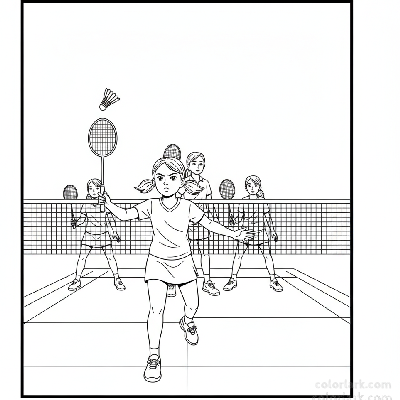 A young girl serving a shuttlecock during a doubles badminton match.