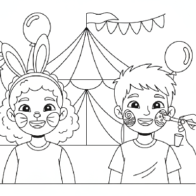 Black and white line art of two children getting Easter bunny and egg designs painted on their faces.