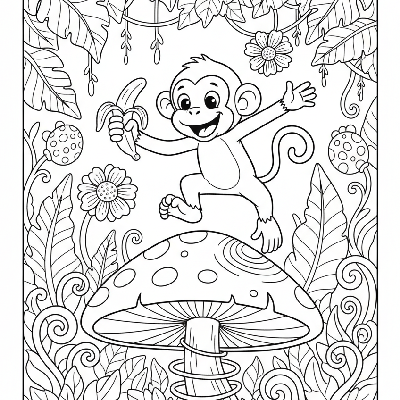 Black and white line art of a monkey joyfully bouncing high off a large, bouncy mushroom cap, holding a half-eaten banana.
