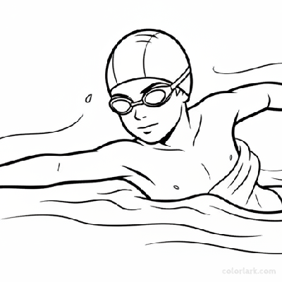 Black and white line art of a child showing good freestyle body rotation in a pool, wearing a swim cap and goggles.