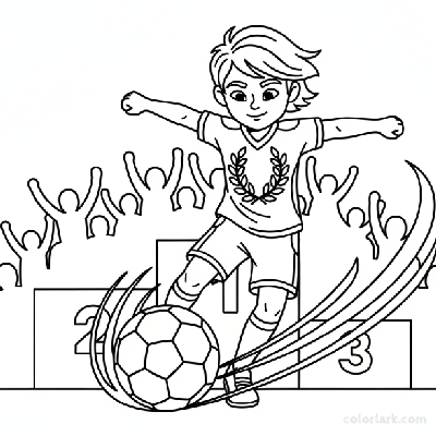 Line art of a child football champion making a powerful strike.