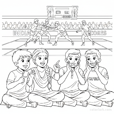 Line art of young Indian brothers and sisters watching a Kabaddi National Match together, showing shared excitement.