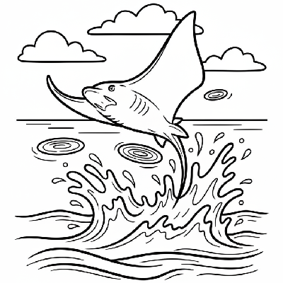 Black and white line art of a dynamic eagle ray leaping out of the ocean water, with splashes, ready for coloring.