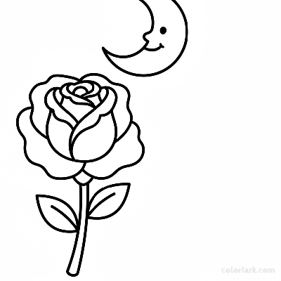 Simple rose and moon coloring page for night theme kids, black and white line art, easy flower and celestial body drawing.