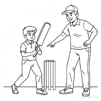 Young Indian boy learning forward defense from cricket coach, black and white line art.