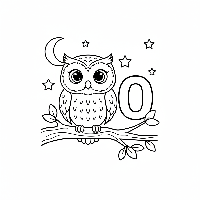 Black and white line art of a wise owl perched on a branch next to the letter O.