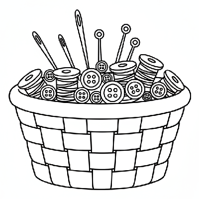 Black and white line art of a sewing craft basket filled with needles, thread, and buttons, all formed by circles, squares, and triangles for shape recognition.