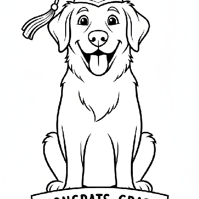 Black and white line art of a proud dog wearing a simple graduation cap with a tassel, for kids in India to color.