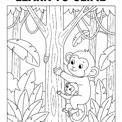 Black and white line art of a mother monkey teaching her baby to climb trees in an Indian jungle
