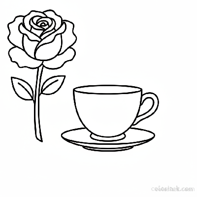 Beginner rose and a tea cup coloring page for relaxation, black and white line art, simple flower and hot drink.