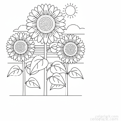 Black and white line art showing three sunflowers standing in a row, simple style