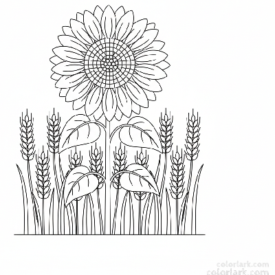 Black and white line art of a sunflower standing in a wheat field